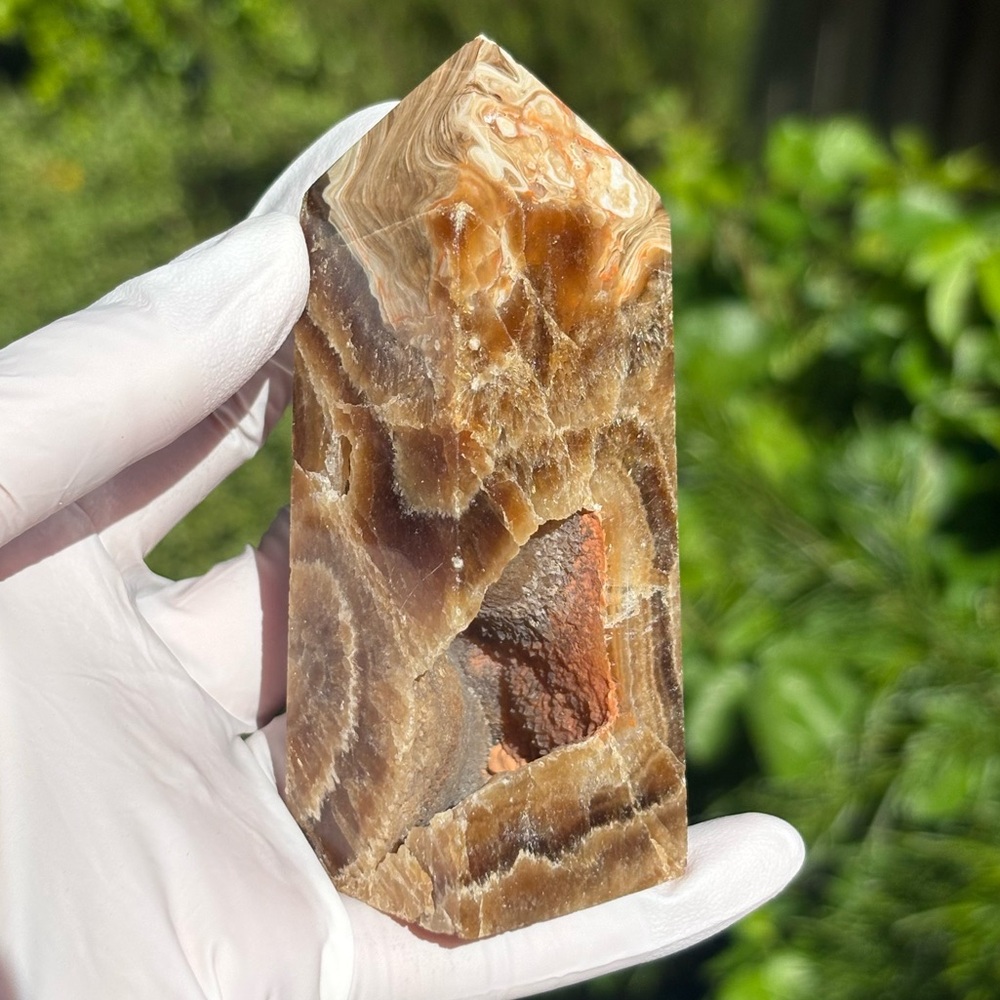 Brown Chocolate Calcite Banded Tower with Imperfect Tip